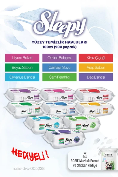 Sleepy Yüzey Temizleme Ailesi 9 x 100 (900 yaprak) ve Rosie pamuk hediye ürün görseli