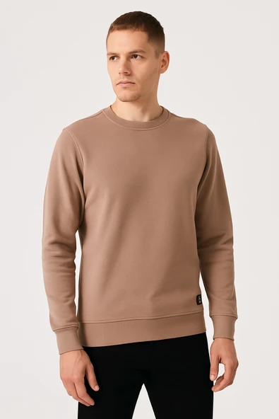 Erkek Üç İp Şardonsuz Sweatshirt Camel - 3