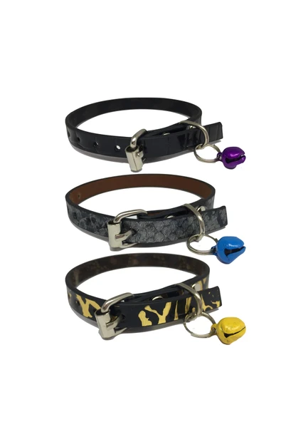 3'lü Set Zilli Deri Kedi Tasması 30 cm ürün görseli 1