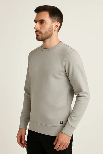 Erkek Üç İp Şardonsuz Sweatshirt Gri