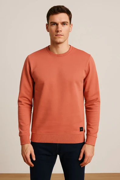 Erkek Üç İp Şardonsuz Sweatshirt Somon - 2
