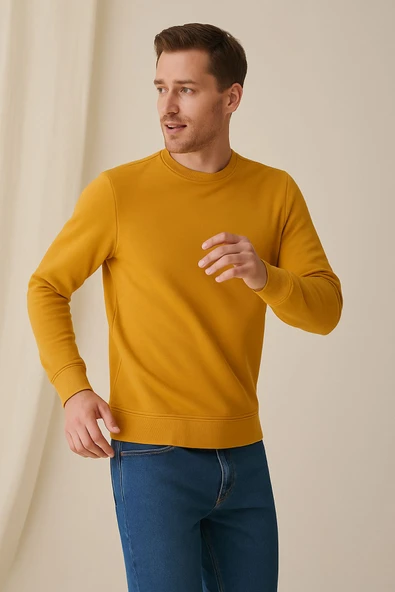 Erkek Üç İp Şardonsuz Sweatshirt Hardal - 4