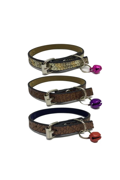 3'lü Set Zilli Deri Kedi Tasması 30 cm - 1