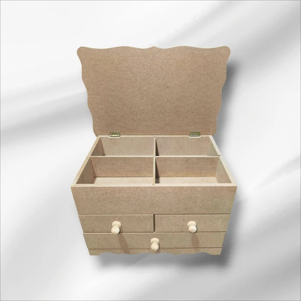 Ahşap-boyanabilir-bölmeli-çekmeceli- Takı-makyaj-aksesuar Dekoratif-çok Amaçlı Organizer Kutu - 3