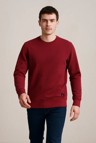 Erkek Üç İp Şardonsuz Sweatshirt Bordo - 3