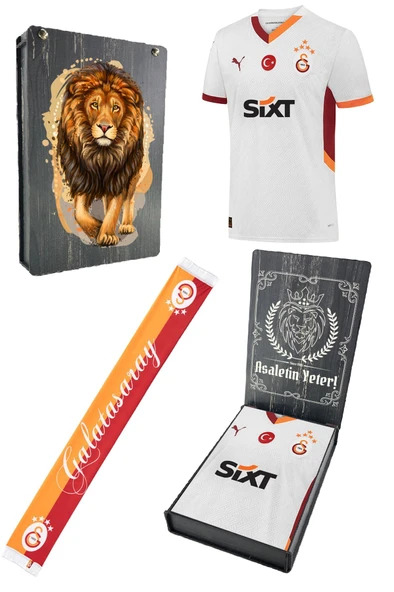 Galatasaray Orijinal Lisanslı 2024/25 5 Yıldızlı Beyaz Deplasman Forma + Şal Kaşkol Set Hediyelik Ahşap Kutulu ürün görseli
