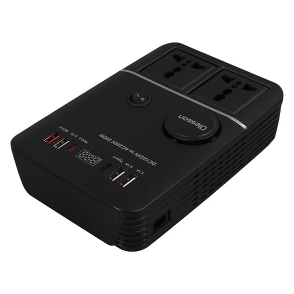 Olesson 1661 DC 12-24V 200W Oto Araç Power İnverter 2X Çakmak Girişi - 2X TYPE-C - 4X USB - 2X 220V Üniversal Priz - 4