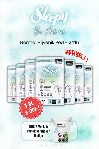 Sleepy 7 AL 6 ÖDE Bio Natural 24'lü Hijyenik Ped Normal ve ROSIE ürün görseli