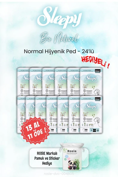 Sleepy 13 AL 11 ÖDE Bio Natural 24'lü Hijyenik Ped Normal ve ROSIE ürün görseli