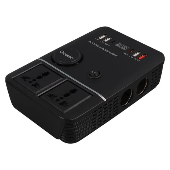 Olesson 1661 DC 12-24V 200W Oto Araç Power İnverter 2X Çakmak Girişi - 2X TYPE-C - 4X USB - 2X 220V Üniversal Priz - 2