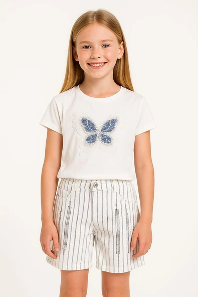Kız Çocuk Çizgili Kanvas Şort