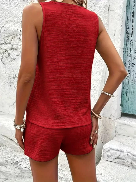 Lucky Life Kadın Askılı Kolsuz V Yakalı önden Düğmeli Bürümcük Bluz Ve Short Ikili Takım - Resim 3