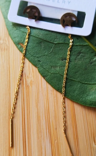 Monalisa Home Gold Renk Metalik Ay Yıldız Figürlü Sallantılı Küpe ürün görseli 1