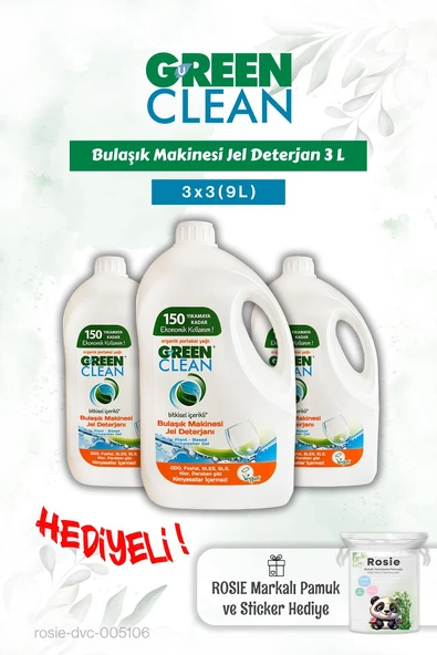Bulaşık Mak. Jel Deterjan 3x3 (9L) Green Clean ve Rosie pamuk hediye ürün görseli