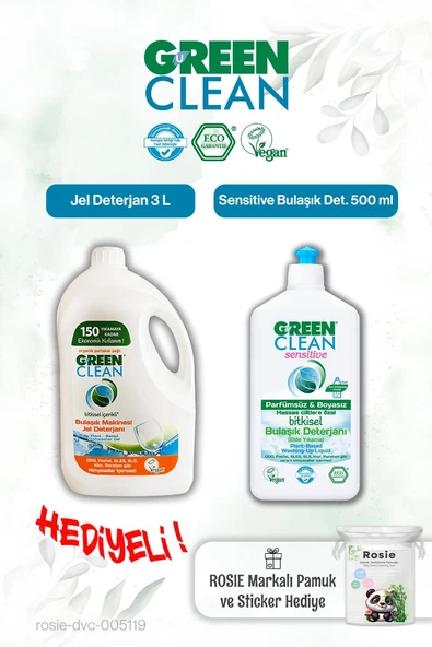 Green Clean Sensitive Bulaşık Deterjanı 500 ml ve Bulaşık Mak. Jel Deterjan 3 L ve Rosie hediye ürün görseli