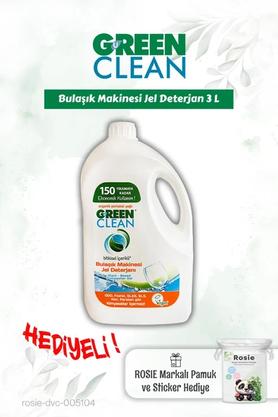 Green Clean Bulaşık Mak. Jel Deterjan 3 L ve Rosie pamuk hediye ürün görseli