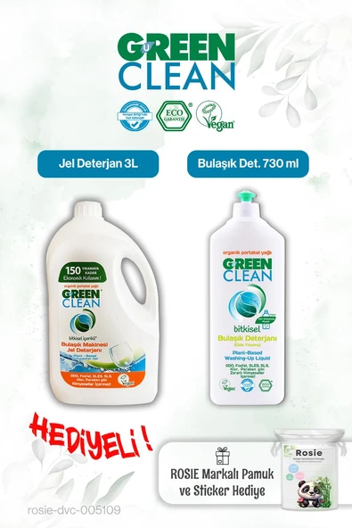 Green Clean 730 ml Elde Yıkama Bulaşık det., Bulaşık Mak. Jel Deterjan 3L ve Rosie pamuk hediye ürün görseli