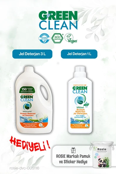 Green Clean 3 L ve 1 L Bulaşık Mak. Jel Deterjan ve Rosie pamuk hediye ürün görseli