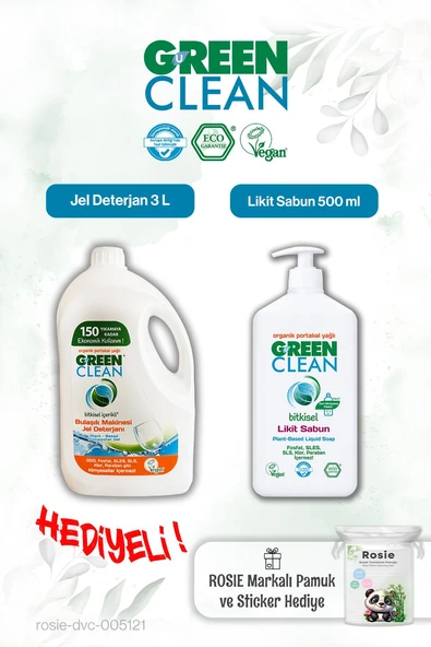 Green Clean Likit Sabun 500 ml ve Bulaşık Mak. Jel Deterjan 3 L ve Rosie hediye ürün görseli