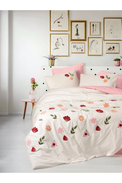 Puff Nakışlı Ranforce Çift Kişilik Nevresim Takımı Blossom Somon ürün görseli