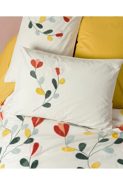 Puff Nakışlı Çift Kişilik Nevresim Takımı Nella Hardal - Resim 3