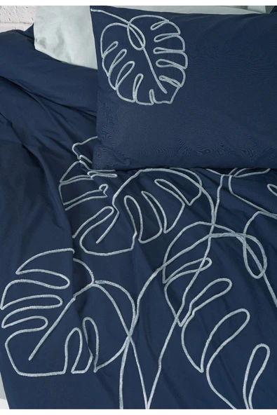 Yaprak Nakışlı Brode Ranforce Çift Kişilik Nevresim Takımı - Mint Yeşili Ve Lacivert Uyumu - Resim 2