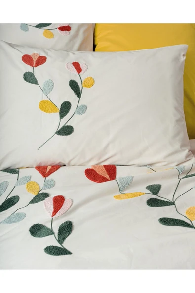 Puff Nakışlı Çift Kişilik Nevresim Takımı Nella Hardal - Resim 2