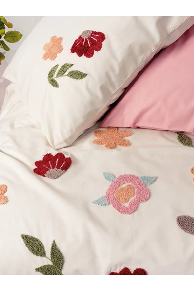 Puff Nakışlı Ranforce Çift Kişilik Nevresim Takımı Blossom Somon - Resim 2