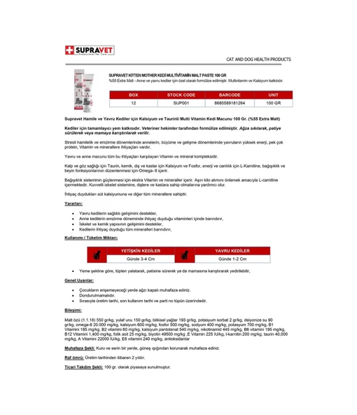 Supravet Hamile ve Yavru Kediler İçin Kalsiyum ve Taurinli Multi Vitamin Kedi Macunu 100 G - 4