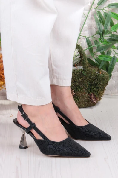 Fort 1182-09 Fls Saten Baskılı Arkası Açık Topuklu Kadın Ayakkabı - Resim 3