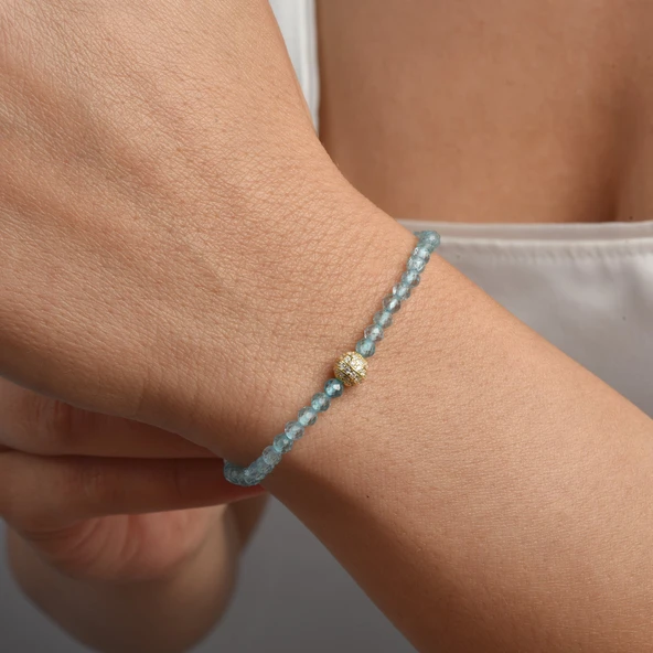 14 Ayar Altın Kaplama Zarif Gök Mavisi Apatite Fasetli Doğal Taş Gümüş Bileklik - BGS00103 - 2
