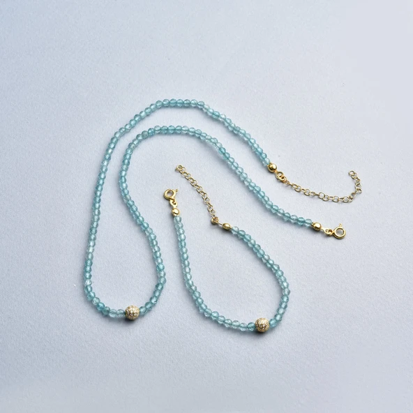 14 Ayar Altın Kaplama Zarif Gök Mavisi Apatite Fasetli Doğal Taş Gümüş Bileklik - BGS00103 - 6