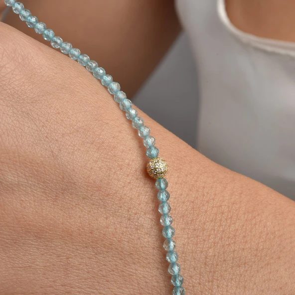 14 Ayar Altın Kaplama Zarif Gök Mavisi Apatite Fasetli Doğal Taş Gümüş Bileklik - BGS00103 - 3