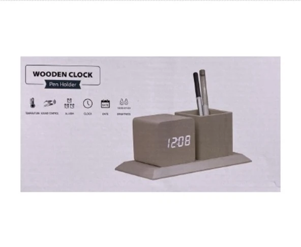 Wooden Clock Masaüstü Ahşap Kalemlikli Dijital Saat