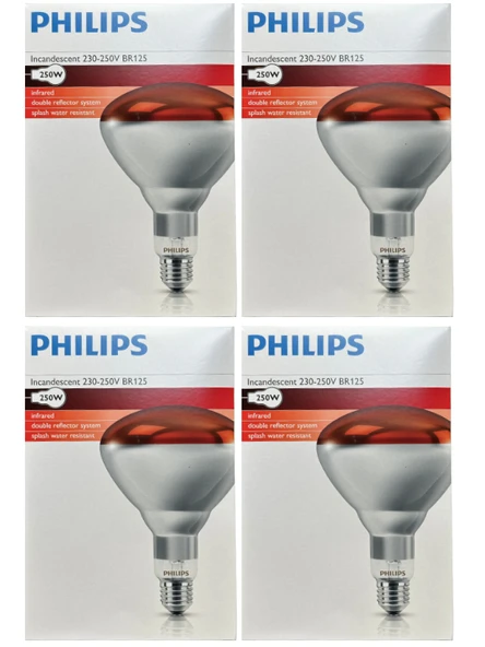 (4 Adet) Philips 250W Kızılötesi (infrared) Isıtıcılı Hayvan Isıtma ve Fizik Tedavi Lambası (Kırmızı Işık) E27 (Kalın Duy)