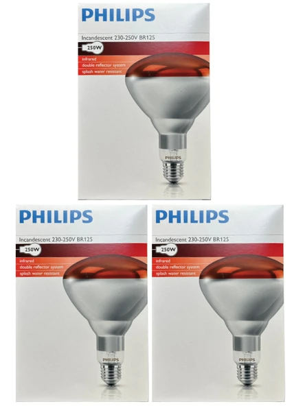 (3 Adet) Philips 250W Kızılötesi (infrared) Isıtıcılı Hayvan Isıtma ve Fizik Tedavi Lambası (Kırmızı Işık) E27 (Kalın Duy)