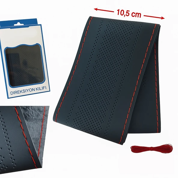 Lüx Desenli Deri Dikme Direksiyon Kılıfı 38-40cm Siyah Kırmızı Dikişli OND361 - 2