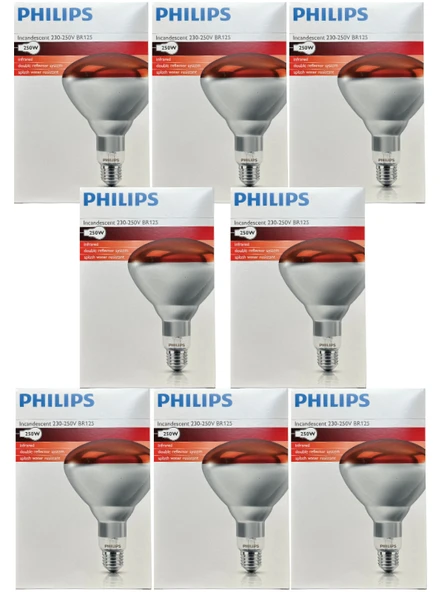 (8 Adet) Philips 250W Kızılötesi (infrared) Isıtıcılı Hayvan Isıtma ve Fizik Tedavi Lambası (Kırmızı Işık) E27 (Kalın Duy)