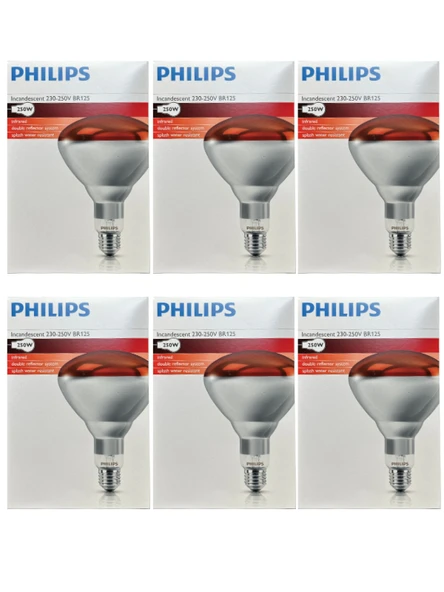 (6 Adet) Philips 250W Kızılötesi (infrared) Isıtıcılı Hayvan Isıtma ve Fizik Tedavi Lambası (Kırmızı Işık) E27 (Kalın Duy) ürün görseli 1