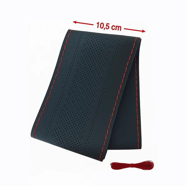 Lüx Desenli Deri Dikme Direksiyon Kılıfı 38-40cm Siyah Kırmızı Dikişli OND361