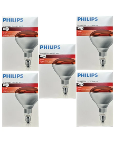 (5 Adet) Philips 250W Kızılötesi (infrared) Isıtıcılı Hayvan Isıtma ve Fizik Tedavi Lambası (Kırmızı Işık) E27 (Kalın Duy) ürün görseli 1