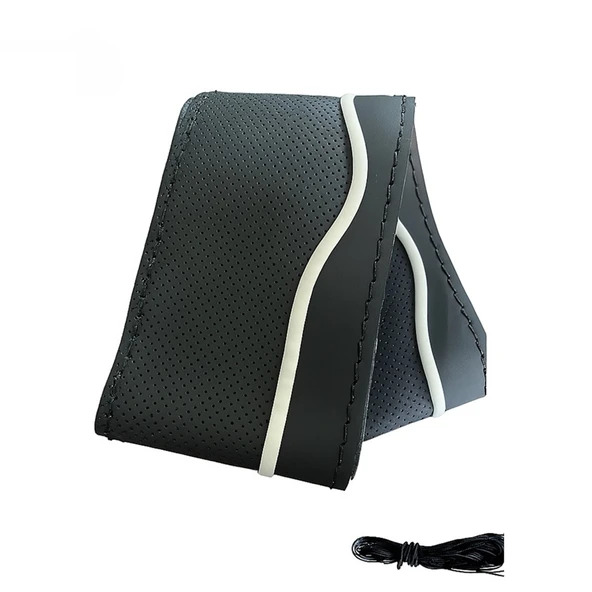 Lüx Desenli Deri Dikme Direksiyon Kılıfı 38-40cm Siyah-Beyaz Şeritli OND374