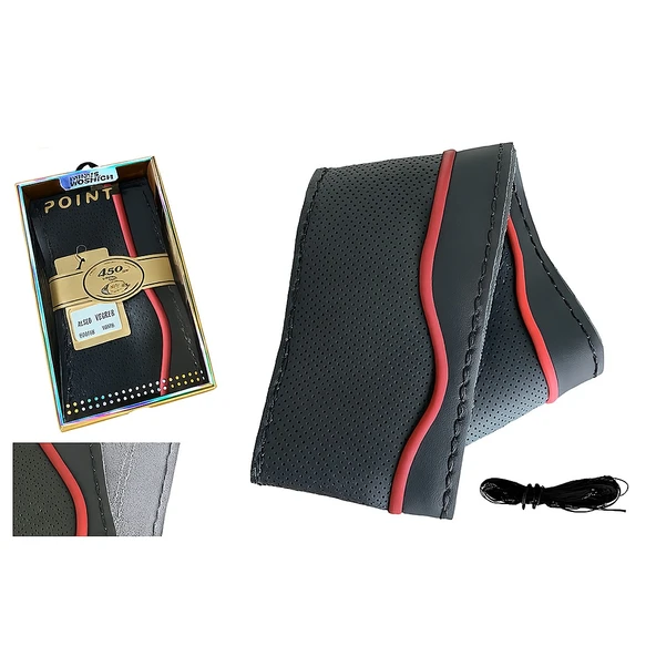 Lüx Desenli Deri Dikme Direksiyon Kılıfı 38-40cm Siyah-Bordo Şeritli OND377 - 2