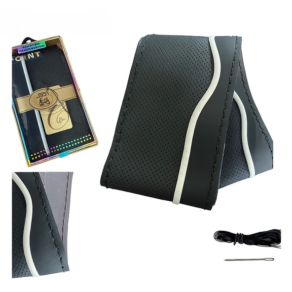 Lüx Desenli Deri Dikme Direksiyon Kılıfı 38-40cm Siyah-Beyaz Şeritli OND374 - 2