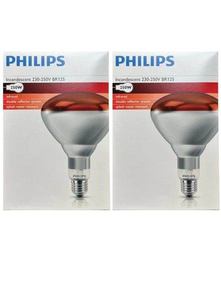 (2 Adet) Philips 250W Kızılötesi (infrared) Isıtıcılı Hayvan Isıtma ve Fizik Tedavi Lambası (Kırmızı Işık) E27 (Kalın Duy) ürün görseli 1