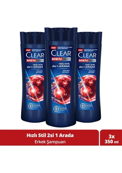 Clear Men Kepeğe Karşı Etkili Şampuan Hızlı Stil 2'si 1 Arada Kolay Şekil Alan Saçlar 350 ml x3 - 1