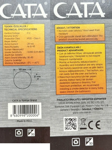 (5 Adet) Cata Pilli Duman Dedektörü Hassas Algılamalı - 5