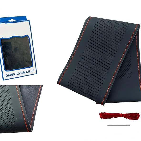 Lüx Desenli Deri Dikme Direksiyon Kılıfı 38-40cm Siyah Kırmızı Dikişli OND378 - 2