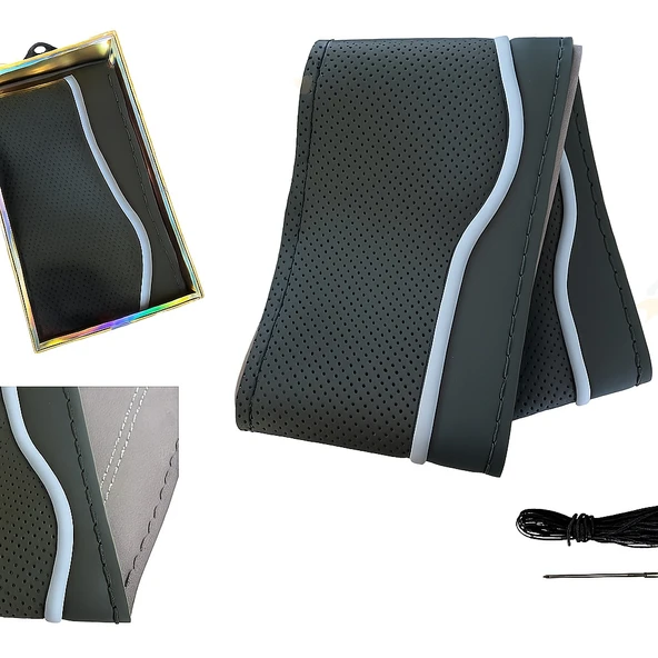 Lüx Desenli Deri Dikme Direksiyon Kılıfı 38-40cm Siyah-Gri Şeritli OND376 - 2