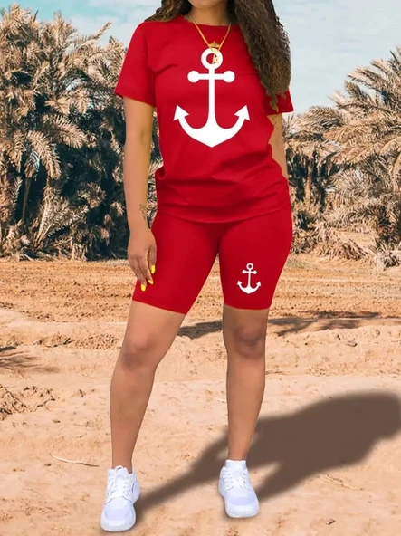 Kadın Kısa Kollu çapa Baskılı Viskon Ikili Takım ürün görseli